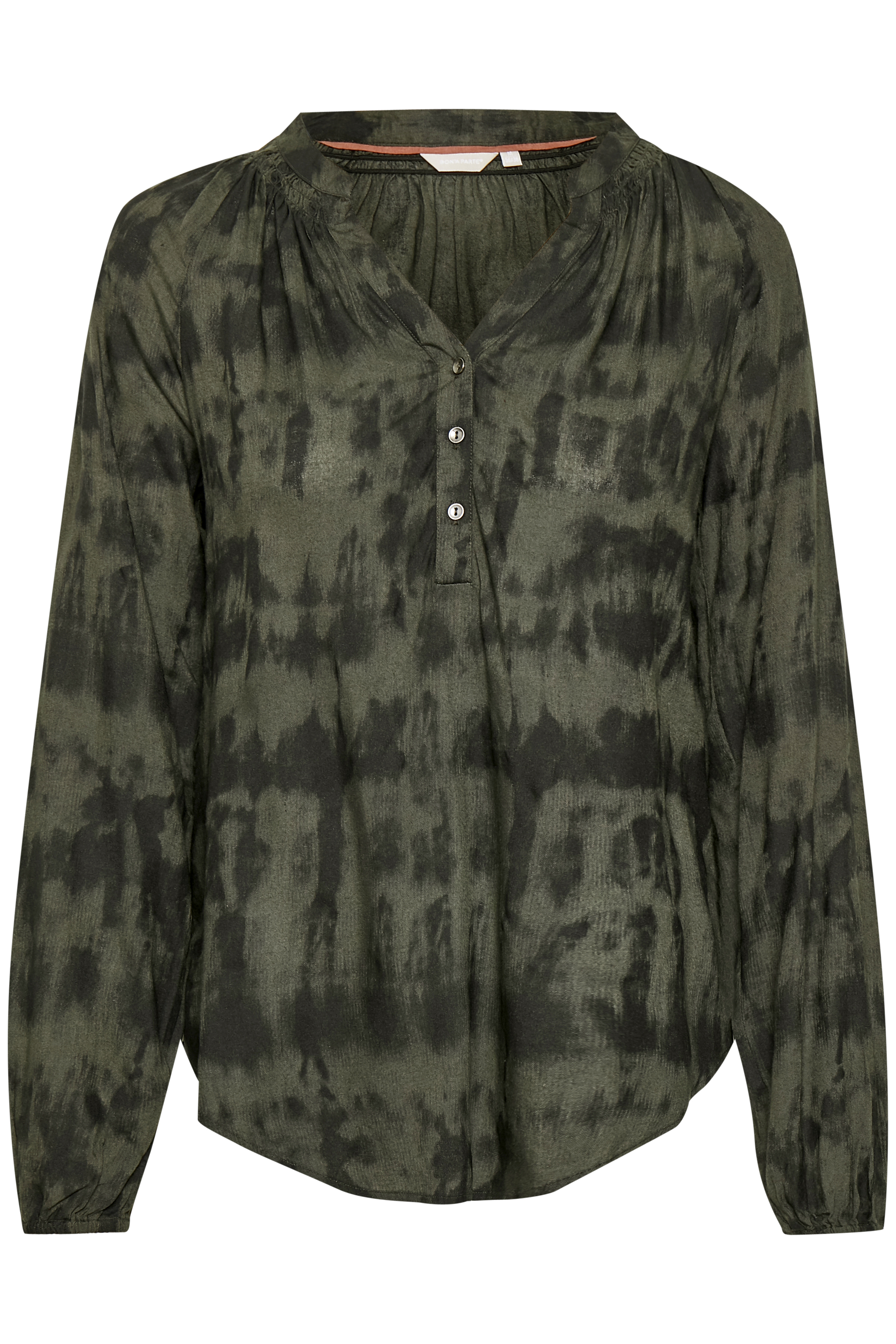 BonA Parte Dame BONA PARTE bluse med rund hals og V-udskæring. Stolpe med knapper. Afrundet forneden. Blusen - Sort/oliven Billede af BonA Parte Dame BONA PARTE bluse med rund hals og V-udskæring. Stolpe med knapper. Afrundet forneden. Blusen - Sort/oliven